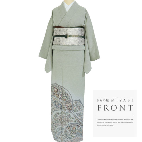 色留袖 リサイクル 身丈158.7cm 裄64cm 袷 彩天目織 オリエンタル花柄 グリーン Mサイズ 一つ紋 正絹 広衿 Aランク