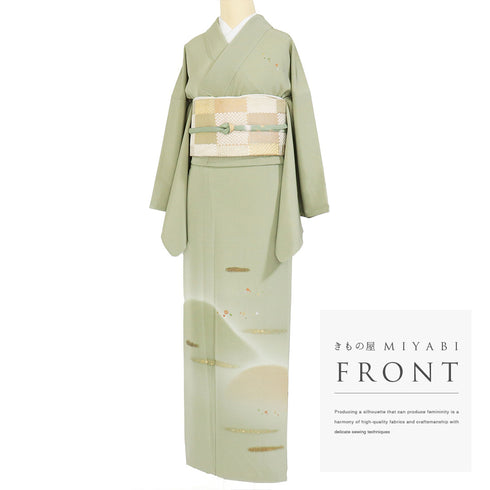 訪問着 リサイクル 身丈157.7cm 裄67.8cm 袷 山に霞模様 刺繍 箔 グリーン Mサイズ お洒落 セミフォーマル 正絹 広衿 Aランク