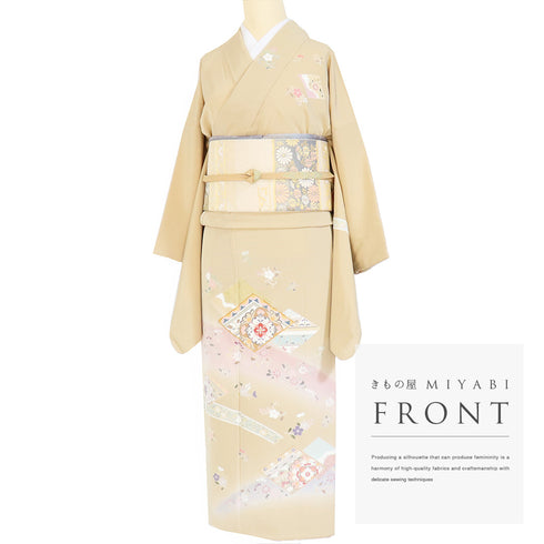 訪問着 リサイクル 身丈158cm 裄64.4cm 袷 菱柄 華紋柄 小花柄 金駒刺繍 ベージュ Mサイズ セミフォーマル 正絹 広衿 Sランク