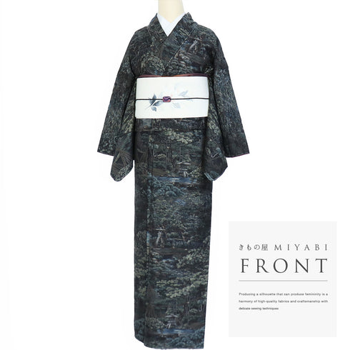 大島紬 リサイクル 身丈163.5cm 裄67cm 袷 兼六園にことじ灯篭柄 恵積五郎 ゆったりサイズ ネイビー Lサイズ お洒落 カジュアル 証紙 しつけ糸 正絹 広衿 Sランク