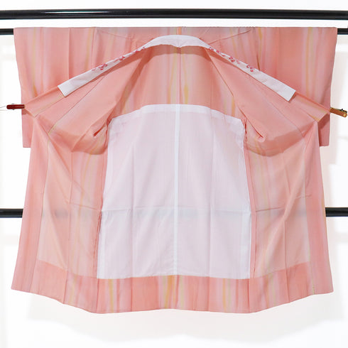 長襦袢 リサイクル 長襦袢 身丈119.5cm 裄63.2cm 袷 縞ぼかし柄 後身頃居敷当て付き 刺繍半衿 ピンク Sサイズ 正絹 袖無双 新品・未使用品