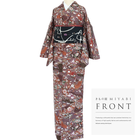 小紋 リサイクル 身丈165cm 裄67.5cm 袷 雲取り扇面に辻が花模様 パープル Lサイズ お洒落 カジュアル ポリエステル 洗える着物 広衿 Sランク