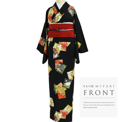 小紋 リサイクル 身丈157.2cm 裄65.8cm 袷 色紙 箔 ブラック Mサイズ お洒落 正絹 広衿 Sランク