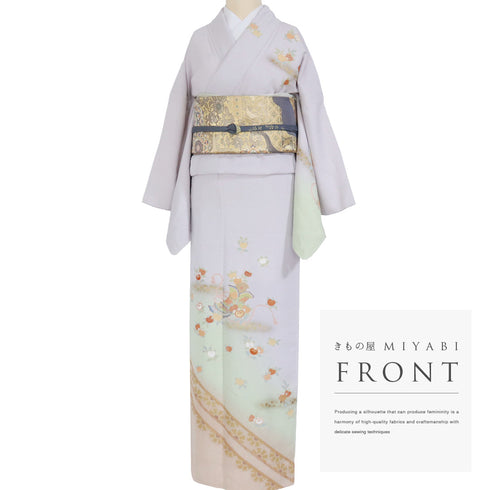 訪問着 リサイクル 身丈170.5cm 裄67.6cm 袷 組紐に橘柄 パープル LLサイズ セミフォーマル お洒落 正絹 広衿 Sランク