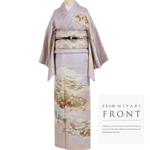 訪問着 リサイクル 身丈164.3cm 裄66.2cm 袷 雪取に松菊柄 箔 金駒刺繍 パープル Lサイズ セミフォーマル フォーマル 落款 しつけ糸 正絹 広衿 Sランク