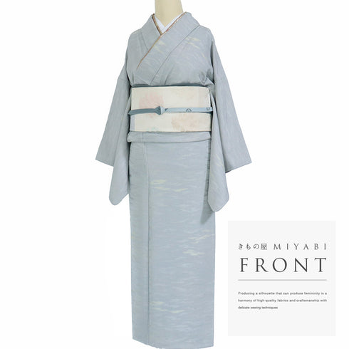 小紋 リサイクル 身丈157.5cm 裄63.2cm 袷 霞柄 ブルー Mサイズ セミフォーマル 落款 一つ紋 正絹 広衿 Sランク