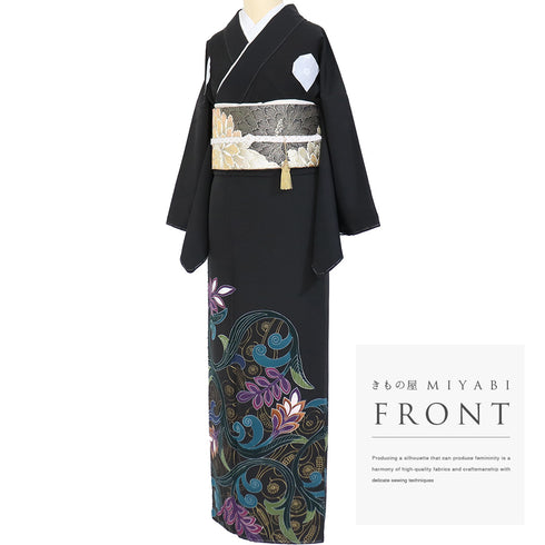 黒留袖 リサイクル 身丈161.3cm 裄66.8cm 袷 唐草柄 刺繍 箔 ブラック Lサイズ 五つ紋 しつけ糸 正絹 広衿 Sランク