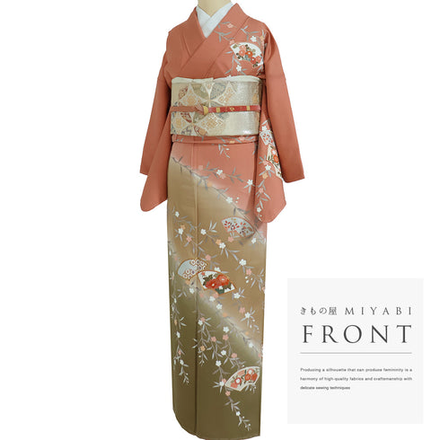 訪問着 リサイクル 身丈160.2cm 裄63.6cm 袷 地紙に花柄 金駒刺繍 ピンク Mサイズ セミフォーマル お洒落 正絹 広衿 Aランク