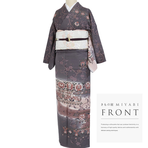 訪問着 リサイクル 身丈155.8cm 裄64.6cm 袷 更紗柄 グレー Mサイズ お洒落 正絹 広衿 Aランク