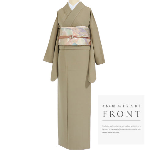 色無地 リサイクル 身丈167cm 裄66.4cm 袷 ブラウン LLサイズ セミフォーマル 一つ紋 しつけ糸 正絹 広衿 地紋なし 新品・未使用品