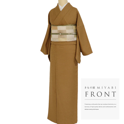 色無地 リサイクル 身丈155.8cm 裄63.6cm 袷 ゆったりサイズ 草花模様 ブラウン Mサイズ お洒落 カジュアル 正絹 広衿 地紋あり Sランク