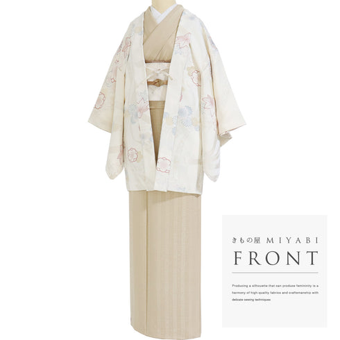 羽織 リサイクル 身丈80cm 裄64.8cm 袷 菊や梅や紅葉柄 地紋 アイボリー Mサイズ セミフォーマル お洒落 一つ紋 しつけ糸 正絹 Sランク