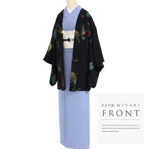 黒羽織 リサイクル 身丈81.5cm 裄64.8cm 袷 デザイン桐柄 地紋 ブラック Mサイズ フォーマル セミフォーマル 一つ紋 正絹 Sランク