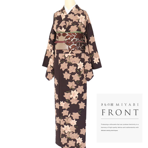 小紋 リサイクル 身丈159.8cm 裄68.4cm 袷 花柄 パープル Mサイズ お洒落 正絹 広衿 Sランク