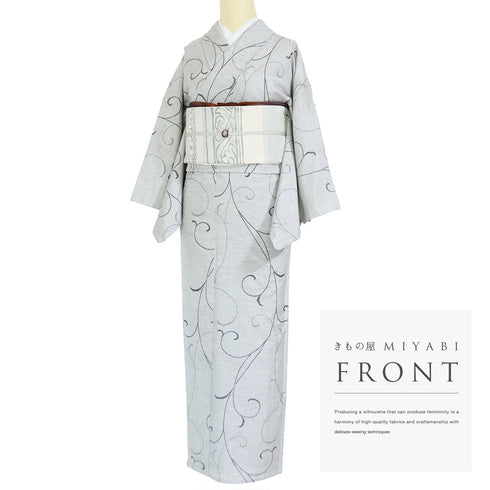 紬 リサイクル 身丈155.5cm 裄64.6cm 単衣 ぜんまい織 唐草模様 グレー Mサイズ カジュアル お洒落 証紙 混合 洗える着物 広衿 Sランク