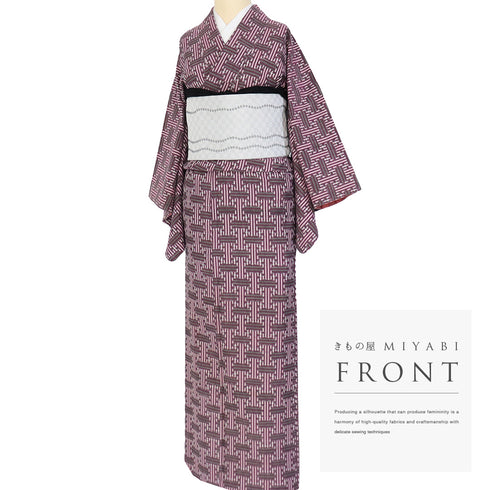 小紋 リサイクル 身丈153cm 裄64cm 袷 絣模様 アンティーク パープル Sサイズ カジュアル 木綿 洗える着物 広衿 Sランク