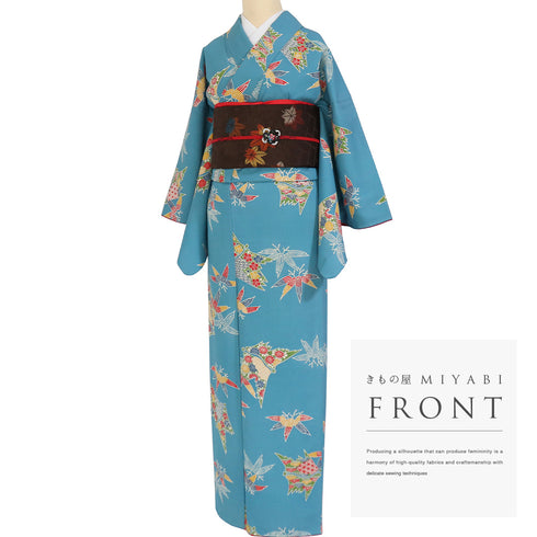 小紋 リサイクル 身丈161cm 裄64.6cm 袷 青海波に花柄 笹柄 ブルー Lサイズ カジュアル お洒落 不明 広衿 Bランク