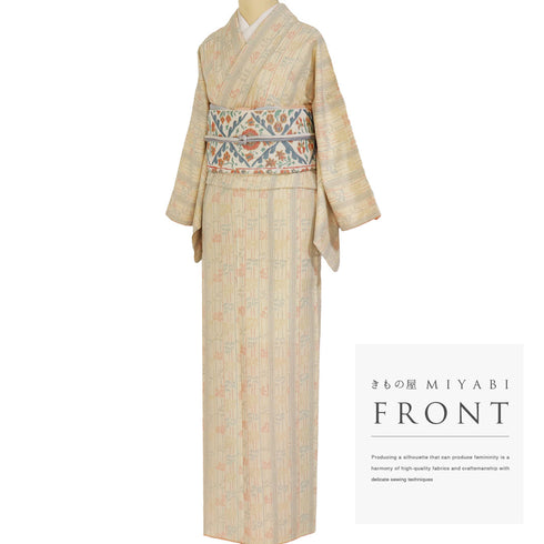 紬 リサイクル 身丈159.3cm 裄65cm 袷 縞模様 竹柄 小花柄 ベージュ Mサイズ お洒落 正絹 広衿 Aランク