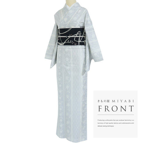 紬 リサイクル 身丈158.5cm 裄67.2cm 単衣 紬柄プリント 花唐草 平織生地 後身頃居敷当て ゆったりサイズ ホワイト Mサイズ お洒落 カジュアル ポリエステル 広衿 Sランク