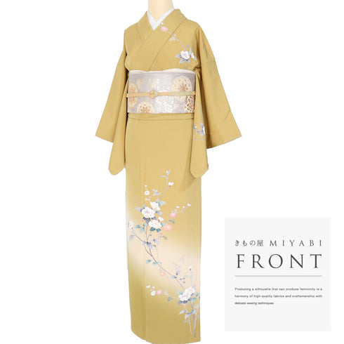 付下げ リサイクル 身丈154.5cm 裄62.8cm 袷 花枝柄 イエロー Sサイズ フォーマル セミフォーマル しつけ糸 正絹 広衿 Sランク