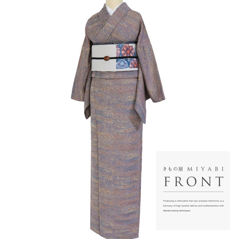 小紋 リサイクル 身丈162cm 裄68cm 袷 陶彩染め 加藤唐九郎 ゆったりサイズ 膨れ織り パープル Lサイズ お洒落 カジュアル 正絹 広衿 Sランク