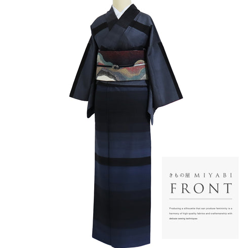 付下げ リサイクル 身丈155.5cm 裄63.2cm 袷 大島紬 ボーダー柄 絣柄 ネイビー サイズ お洒落 カジュアル 正絹 広衿 Aランク