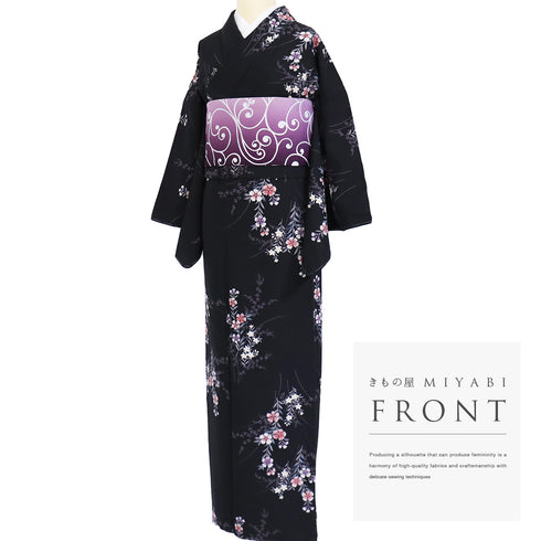 小紋 リサイクル 身丈165.8cm 裄67.5cm 袷 草花柄 既製品 ブラック LLサイズ お洒落 カジュアル ポリエステル 洗える着物 広衿 新品・未使用品