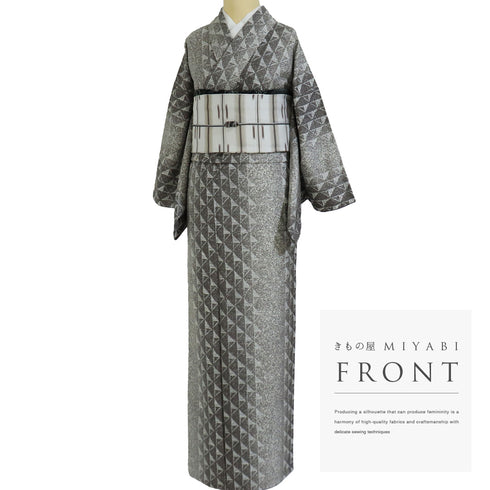 紬 リサイクル 身丈158cm 裄66.4cm 袷 縦鱗柄 縞模様 グレー Mサイズ お洒落 落款 正絹 広衿 Sランク