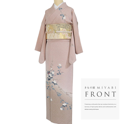 訪問着 リサイクル 身丈156.5cm 裄64.4cm 袷 花枝柄 ピンク Mサイズ セミフォーマル 一つ紋 正絹 広衿 Sランク
