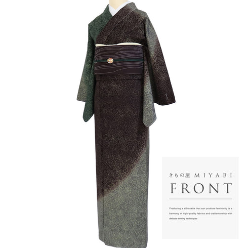 訪問着 リサイクル 身丈163.8cm 裄66.4cm 袷 結城紬 葡萄柄 グリーン Lサイズ お洒落 正絹 広衿 Sランク