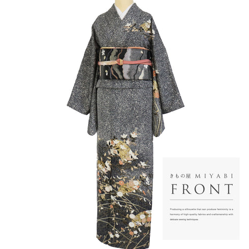 訪問着 リサイクル 身丈157cm 裄69.4cm 袷 たたき総柄地 箔 花柄 ブラック Mサイズ セミフォーマル 正絹 広衿 Sランク