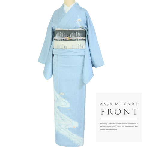 付下げ リサイクル 身丈159.3cm 裄66.4cm 袷 流水柄 花柄 絞り 刺繍 地紋 ブルー Mサイズ セミフォーマル お洒落 一つ紋 正絹 広衿 Sランク
