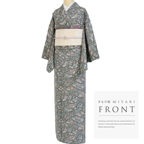 小紋 リサイクル 身丈162cm 裄65.8cm 袷 辻が花風模様 グリーン Lサイズ お洒落 カジュアル 正絹 広衿 Aランク