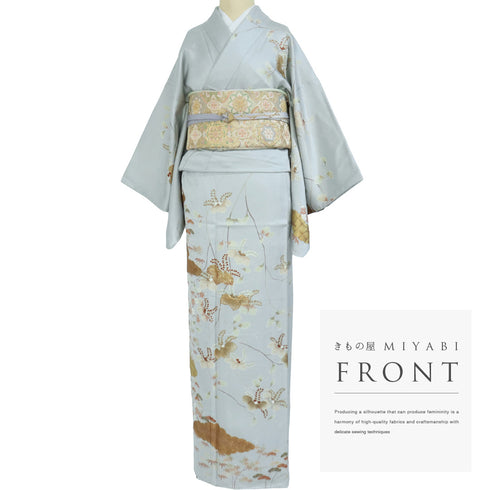 訪問着 リサイクル 身丈159.5cm 裄64.4cm 袷 桐柄 松竹梅柄 金駒刺繍 箔加工 グレー Mサイズ フォーマル セミフォーマル しつけ糸 正絹 広衿 Sランク