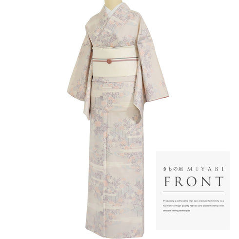 紬 リサイクル 身丈158cm 裄65.2cm 袷 風景文様 ピンク Mサイズ お洒落 カジュアル 正絹 広衿 Sランク