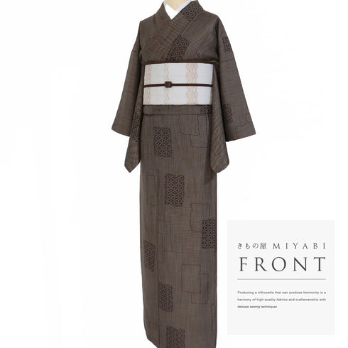 紬 リサイクル 身丈160.2cm 裄62.4cm 袷 医科学柄 ブラウン Mサイズ お洒落 カジュアル 正絹 広衿 Aランク