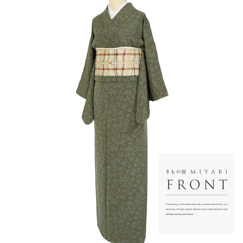 小紋 リサイクル 身丈154.6cm 裄62.4cm 袷 植物柄 グリーン Sサイズ お洒落 カジュアル しつけ糸 正絹 広衿 Bランク