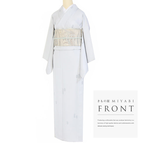 小紋 リサイクル 身丈154.3cm 裄65cm 単衣 デザイン柄 地紋 グレー Sサイズ お洒落 正絹 広衿 Aランク