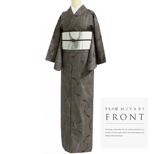 紬 リサイクル 身丈168.8cm 裄64.6cm 袷 曲線柄 ブラウン LLサイズ お洒落 正絹 広衿 Sランク