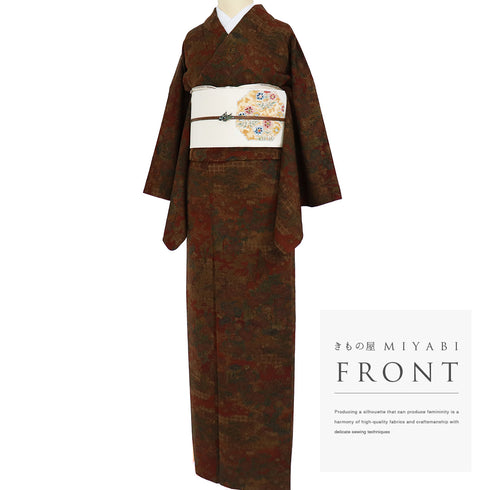 小紋 リサイクル 身丈164.3cm 裄64.2cm 袷 御所車や花柄 地紋 樽本伊勢蔵 ブラウン Lサイズ お洒落 カジュアル 正絹 広衿 Sランク