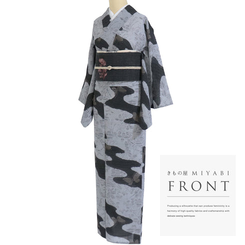 小紋 リサイクル 夏着物 身丈155.5cm 裄66cm 夏物 葉柄 霞に蝶柄 グレー Mサイズ カジュアル ポリエステル 洗える着物 広衿 Aランク