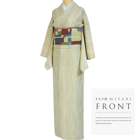 紬 リサイクル 身丈152.5cm 裄64.8cm 袷 縞ぼかし柄 グリーン Sサイズ お洒落 正絹 広衿 Sランク