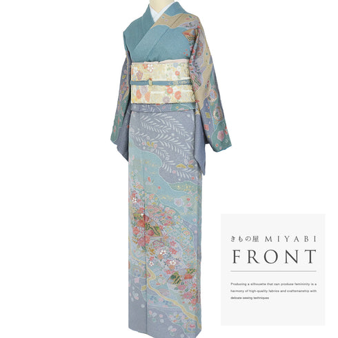 訪問着 リサイクル 身丈164.5cm 裄68.5cm 袷 道長雲取り 花柄 箔加工 絞り加工 ブルー Lサイズ セミフォーマル お洒落 正絹 広衿 Sランク