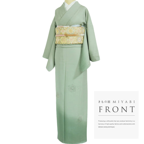 訪問着 リサイクル 身丈162.3cm 裄66cm 袷 汕頭刺繍風 グリーン Lサイズ お洒落 正絹 広衿 Sランク