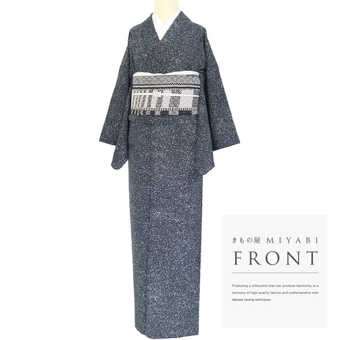 小紋 リサイクル 身丈157.3cm 裄65.2cm 袷 たたき柄 地紋 ブラック Mサイズ お洒落 正絹 広衿 Sランク