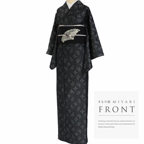 紬 リサイクル 身丈157.5cm 裄63.2cm 単衣 縦枠柄 ブラック Mサイズ お洒落 カジュアル しつけ糸 正絹 広衿 Sランク