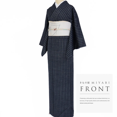 紬 リサイクル 身丈160.2cm 裄63.5cm 袷 縞柄 ネイビー Mサイズ カジュアル お洒落 正絹 広衿 Sランク