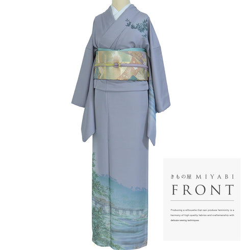 訪問着 リサイクル 身丈167.5cm 裄66.4cm 袷 京都嵐山渡月橋柄 箔 パープル LLサイズ お洒落 正絹 広衿 Sランク