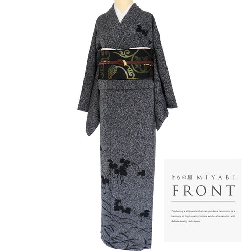 訪問着 リサイクル 身丈163.5cm 裄68.4cm 袷 ひょうたん模様 たたき染め 岸上純平 ブラック Lサイズ お洒落 落款 しつけ糸 正絹 広衿 Sランク