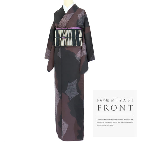 小紋 リサイクル 身丈160cm 裄65.2cm 袷 染めわけ 地紋 ブラック Mサイズ お洒落 カジュアル 正絹 広衿 Aランク